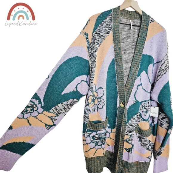 New! Free People August Cardigan Wool Floral Oversized Sweater Orchid Teal Combo - Picture 10 of 15